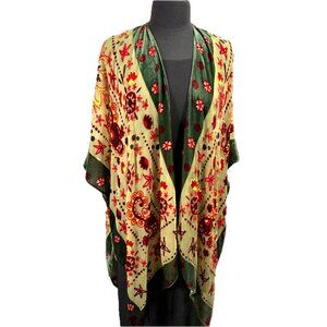 Urban Outfitters Fiona Velvet Burnout Kimono Duster Robe Floral Green Red